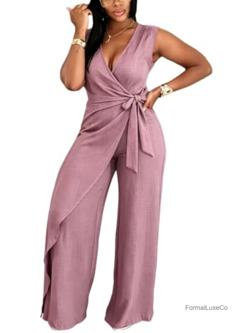 Women's Sleeveless V-Neck Wide Leg Jumpsuit Tie Waist One Piece Romper